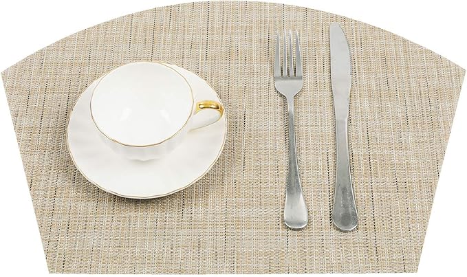 SHACOS Small Round Table Placemats Wedge Placemat Set of 4 Non Slip Heat Resistant Woven Vinyl Table Mats Wipe Clean Indoor Outdoor (4, Beige Yellow)