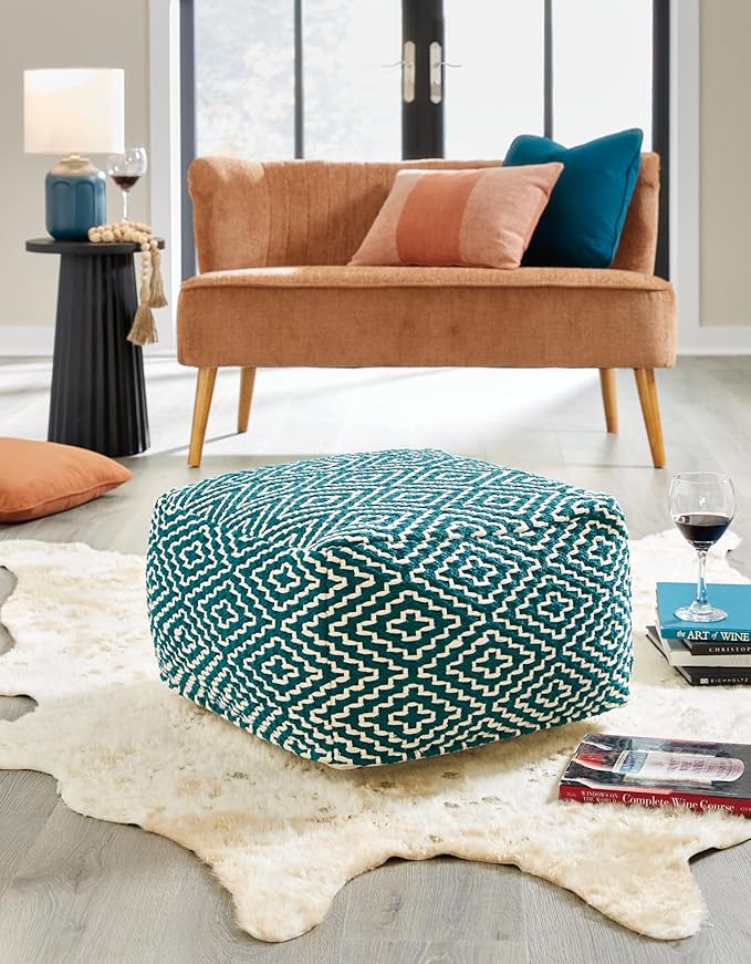 Signature Design by Ashley Brynnsen Casual Handwoven Geometric Pouf, Green & White