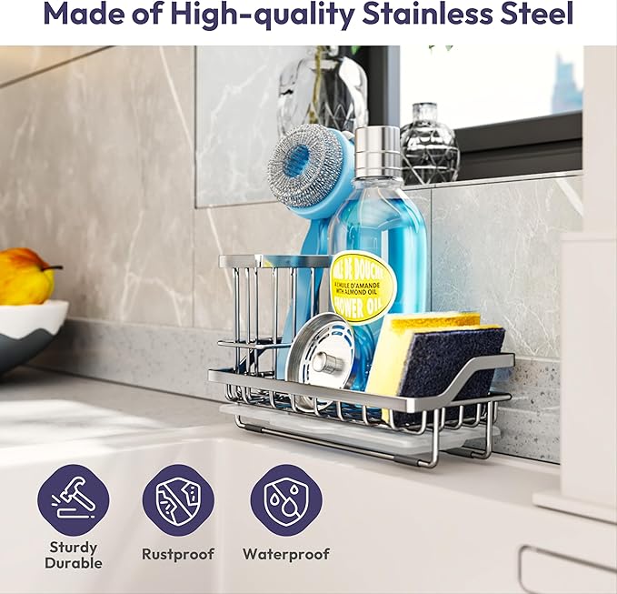SWTYMIKI Kitchen Sink Caddy Sponge Holder, Kitchen Sink Organzier and Storage with High Brush Holder and Drip Tray for Dish Sponges, Silver