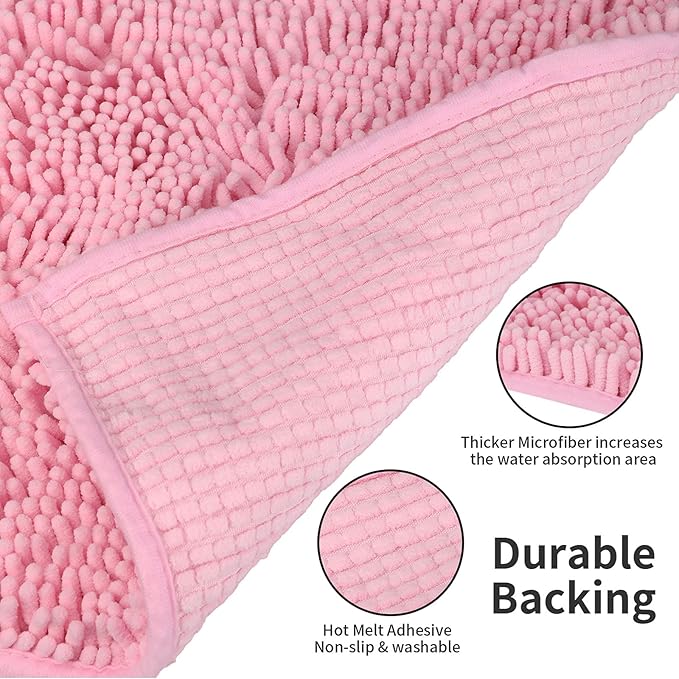 ZiYiJuan Bathroom Rugs, Super Absorbent Luxury Shaggy Chenille Bath Mats, Durable (Pink, 20x32+20x32(in)
