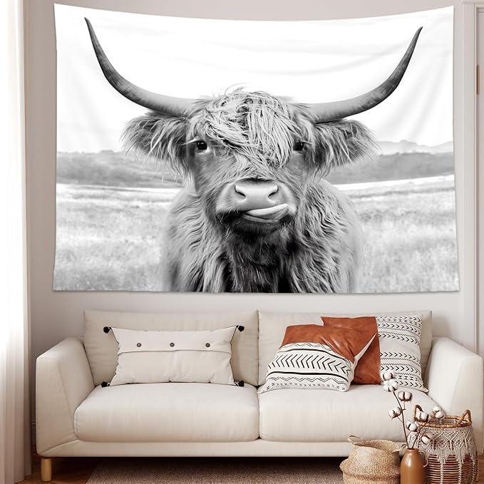AMBZEK Fabric Wall Art Cow Tapestry 59Hx78W Inch Bull Wall Decor Western Farmhouse Farm Country Rustic Cattle Animal Wildlife Funny Cute Art Modern Wall Hanging Bedroom Living Room Dorm Decor Fabric
