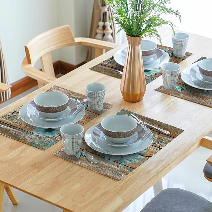Giwawa Rustic Daisy Placemats Set of 4- Teal Sunflowers on Vintage Wood Board Linen Place Mat- Farmhouse Wooden Non Slip Heat Resistant Table Mats for Dining Kitchen Cabin Lodge Decor