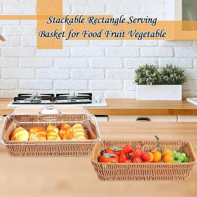 2 Set Wicker Bread Baskets for Serving with Acrylic Lids Woven Imitation Rattan Bread Basket Rectangular with Cover for World Baking Day Fruit Food Serving(13.78" X 9.84")