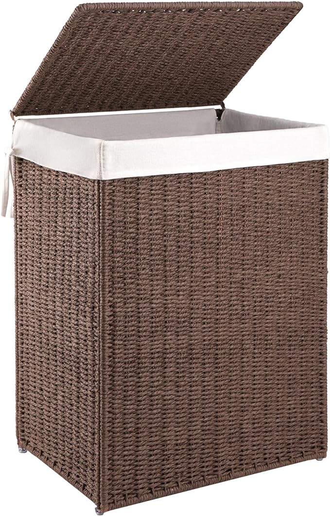 OIAHOMY Laundry Hamper with Lid, 23.8 Gal (90L) Wicker Hamper with Removable Liner Bags, Handwoven Clothes Basket with Handles, Foldable Woven Paper Rope Basket for Laundry Room, Bedroom-Brown