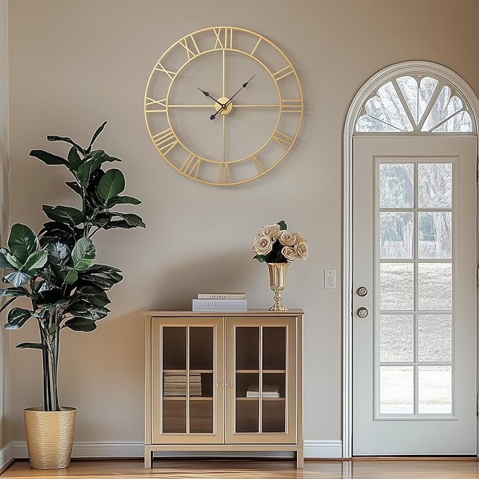 Wall Clock, Large 36 Inch Gold Decorative Wall Clock for Living Room Decor, Modern Metal Roman Numeral Battery-Operated for Dinning Room, Home, Office, Kitchen, Mantel