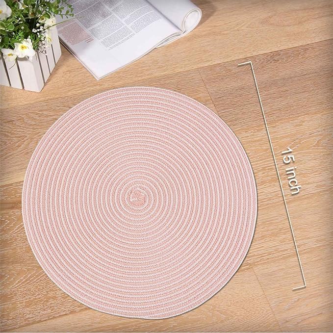 Noctiflorous 15 Inch Round Placemats Set of 6 Durable Braided Woven Heat Resistant Table Mats for Indoor Outdoor Non Slip Dining Table Place Mats(Pink White, 6)