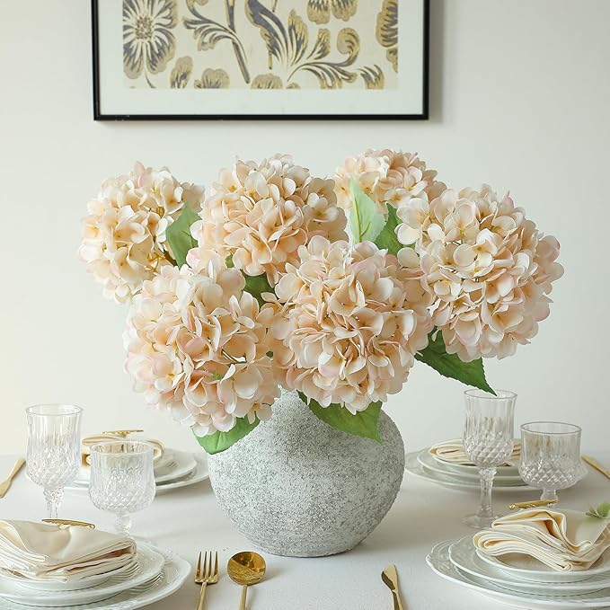 mizii 4Pcs Beige Artificial Hydrangea Flowers Large Fake Silk Hydrangea Flower with Leaves Stems Realistic Faux Hydrangeas Decorations for Wedding Table Centerpieces Vase Home Decor (Beige)