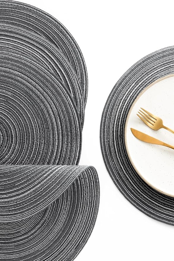 Floroom 15 Inch Round Braided Placemats Set of 4, Washable Heat Resistant Cotton Polyester Circle Place Mats for Kitchen Dining Table - Mist Grey