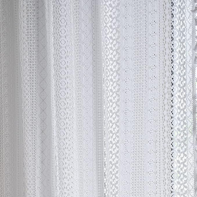 Boho Sheer Lace Curtain Crochet Vintage with Handmade Macrame Tassel Knitted Window Treatment Drape for Bedroom Living Room Kitchen (1 Panel Crochet White, 59"x 84")