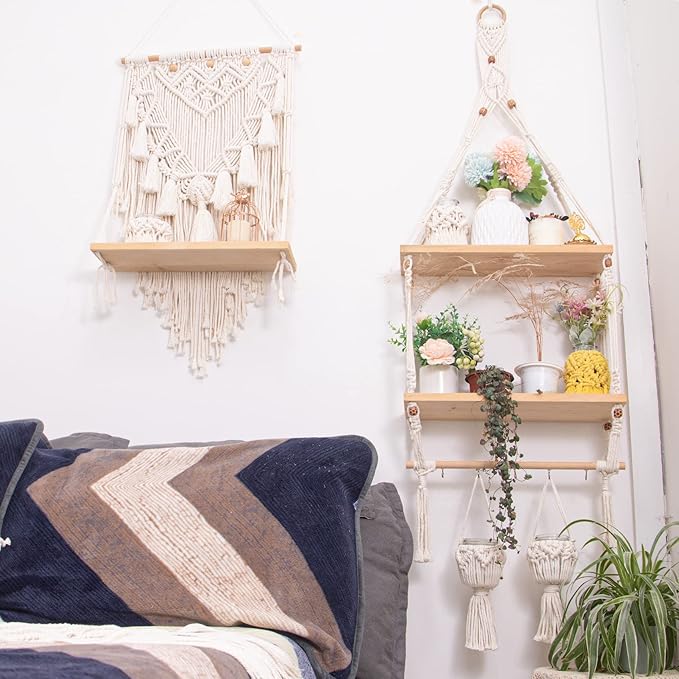 Wall Hanging Shelves Macrame Boho Floating Plant Photos Storage Rack Wood Shelf with Hooks for Bedroom Living Room Bathroom (2tier Shelves)