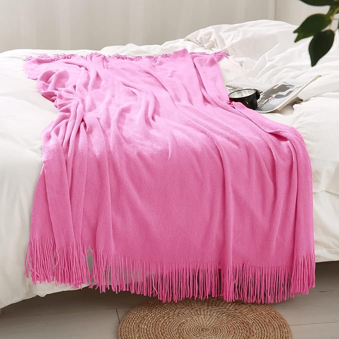 Homiest Decorative Knitted Throw with Fringe, Lightweight Acrylic Knit Blanket - Soft & Cozy Tassel Blanket for Couch, Sofa, Bed (Hot Pink, 50 x 60 Inch)