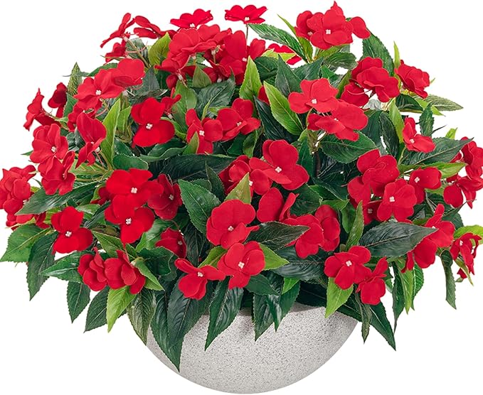 Uqueeten15.7” Spring Decorations for Home Flowers Fake Plants Fake Flowers Artificial Impatiens Bouquet Flowers for Outdoors Silk Faux Flowers Impatiens Plants Decor Indoor Planters 8PCS Red