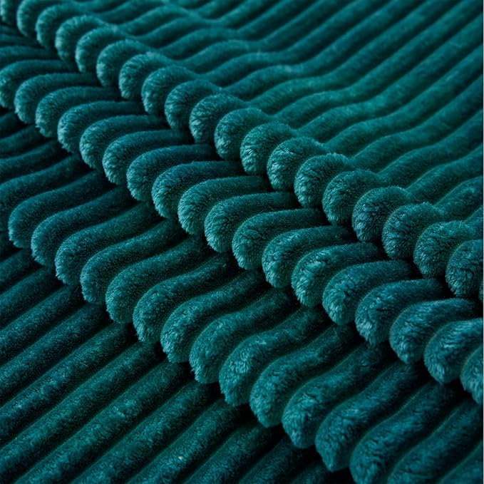 Vessia Flannel Fleece Dark Green Throw Blanket(50X70 Inch), 300GSM Warm Soft Comfy Forest Green Stripe Bed Blanket, Cozy Microfiber Ribbed Sofa Throw for All Season