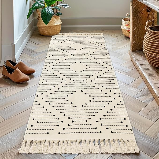 Tritard Boho Runner Rug 2x6 - Washable Hallway Rug with Tassel, Lightweight Woven Farmhouse Kitchen Runner Rugs Cotton Aztec Indoor Low Pile Thin Carpet for Entryway, Laundry, Bathroom, Beige Cream