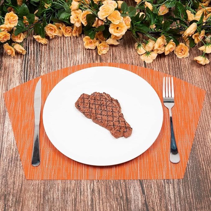 SHACOS Small Round Table Placemats Set of 4 Wedge Placemats Heat Resistant Woven Vinyl Table Mats Wipe Clean (4, Orange)