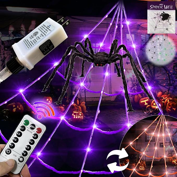 8 Modes 20 * 17FT Halloween Light Up Spider Web 250 Led Purple & Orange Lights Operated with 6.5Ft Giant Spider 200sqft Cobweb 20 Small Spiders for Indoor and Outdoor Decor Yard Decoration