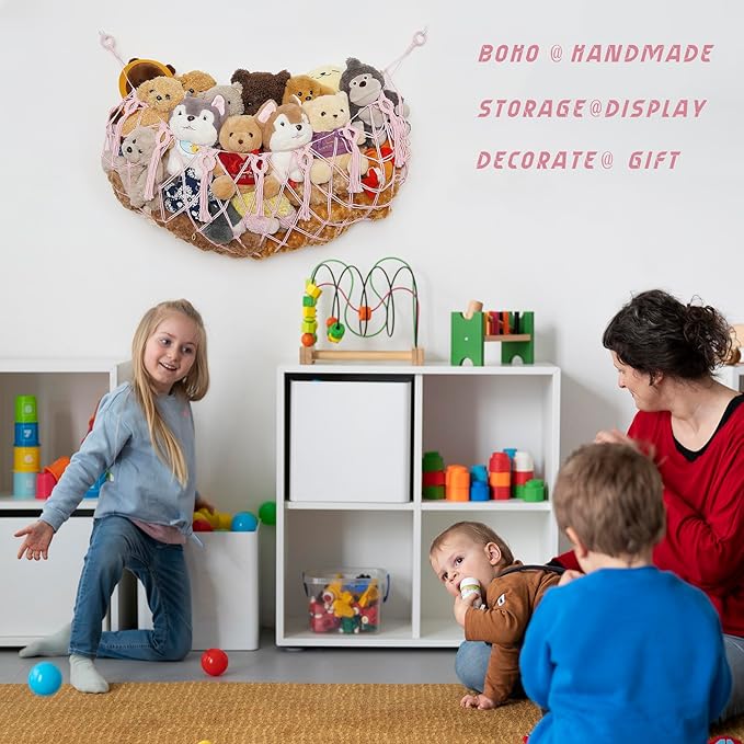 Stuffed Animal Soarage Hammock Macrame Toy Display Plush Toy Holder Ceiling Hanging Net for Stuffed Animal Storage -Light Pink, Small