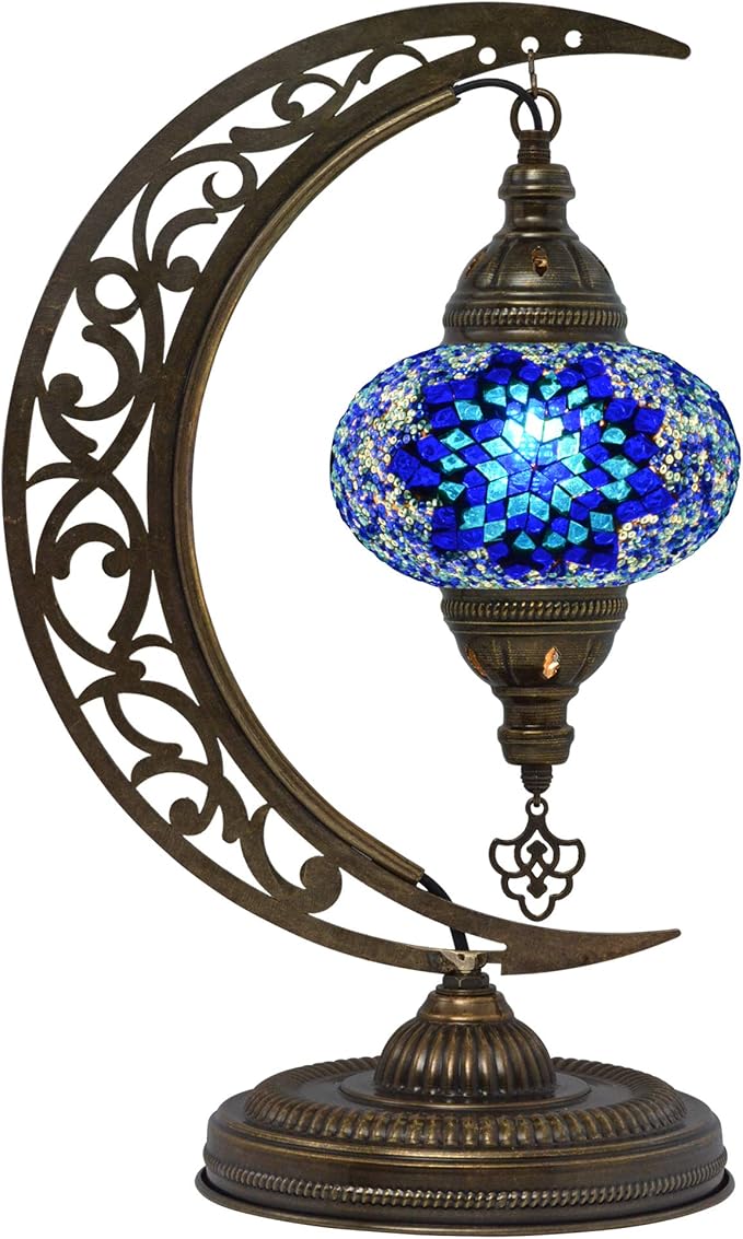 mozaist Turkish Lamp, Unique Lamps, Moon Shaped Mosaic Table Lamp, Moroccan Handmade Antique Bohemian Vintage Lamp Shade, Tiffany Desk Bedside Stained Glass Lamp with US Plug and E12 Socket