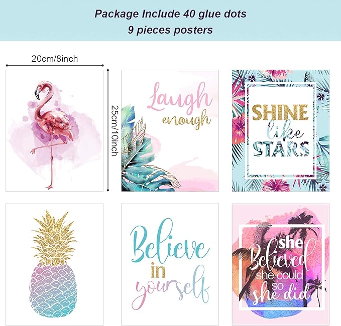 Outus Set of 9 Inspirational Prints Teen Girl Room Wall Art Flamingo Pineapple Leaf Motivational Phrases Posters Girls Bedroom Home Decorations Unframed