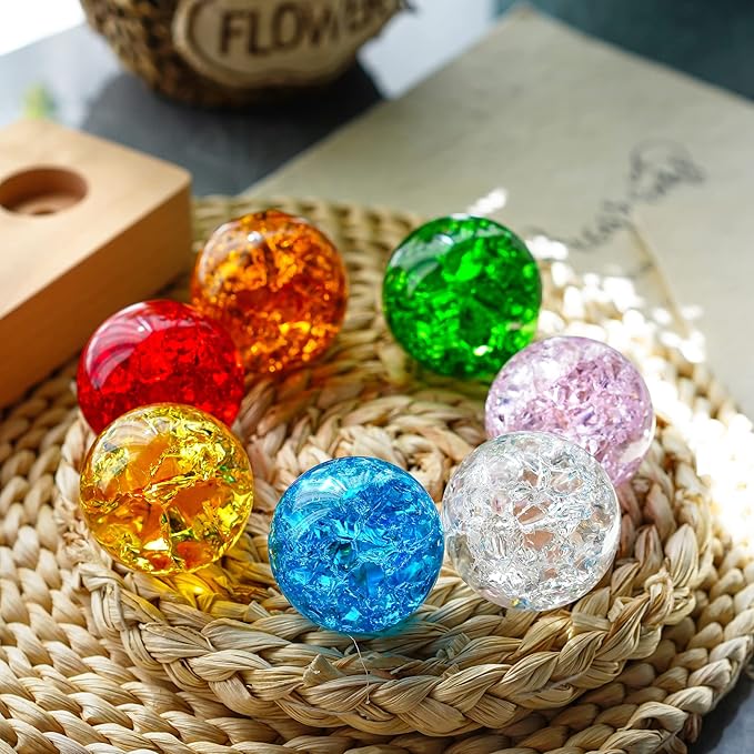 7 Colors 40mm Ice Cracked Balls Crystal Chakra Balls with LED Wooden Base Glass Healing Sphere Balls with Stand Night Light Decoration Quartz for Home Living Room