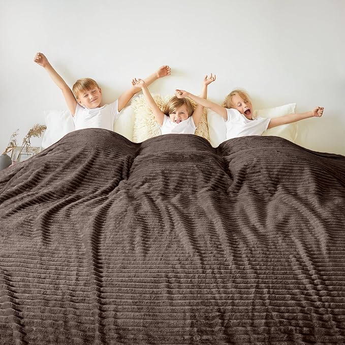 Vessia Flannel Fleece Queen Size Blanket(90x90 inch), 300GSM Cozy Brown Stripe Bed Blanket for Couch, Sofa and Bed, Warm and Soft Chocolate Microfiber Ribbed Decor for All Season