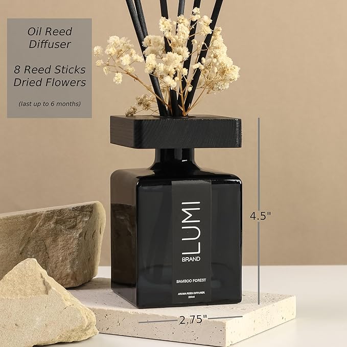 Luxury Aroma Set | Scented Reed Diffuser (200ml), Scented Wood Wick Soy Candle (200g), Aroma Room Spray (50ml), Includes Dried Flowers, 8 Reed Sticks - Home Fragrance Gift Set (Bamboo Forest)