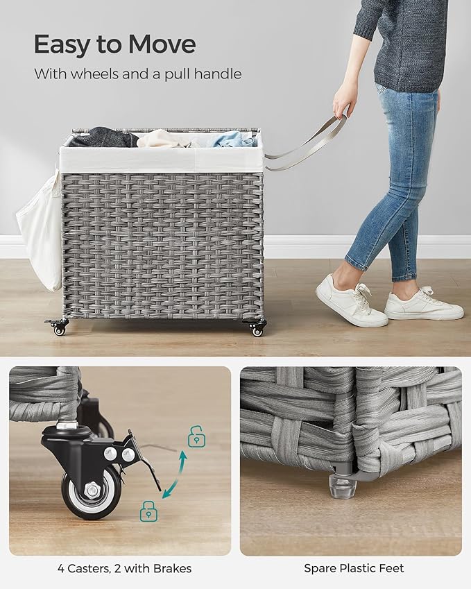 SONGMICS Laundry Hamper with Lid, 42.3 Gallons (160 L), Rolling Laundry Basket with Wheels, 3-Section Synthetic Rattan, Removable Liner, Bedroom, 27.6 x 14.2 x 26 Inches, Gray ULCB365G01