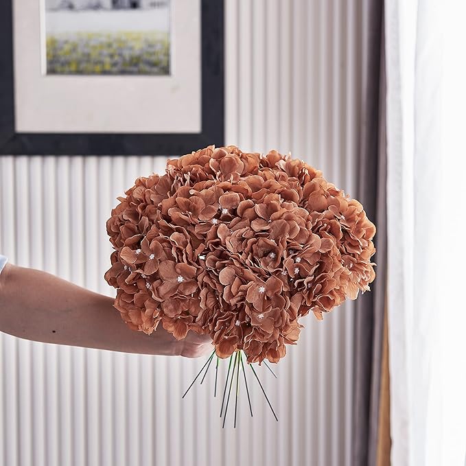 Artificial Hydrangea Flower Toffee Hydrangea Silk Flowers Head for Wedding Centerpieces Bouquets DIY Floral Decor Home Decoration,Pack of 10pcs