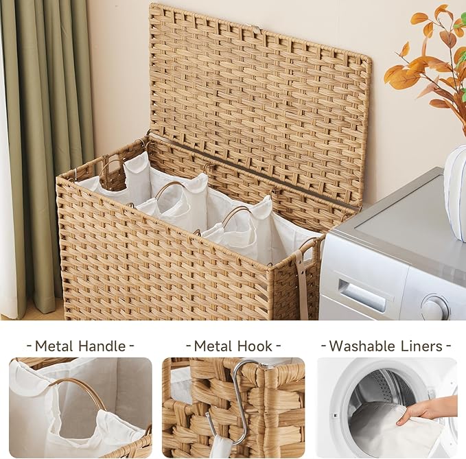 Laundry Hamper with Wheels, 39.6 Gallon(150L) Rolling Laundry Basket with Lid, 3-Section Rattan Clothes Hamper with 3 Removable Liner & 3 Mesh Bags, Laundry Sorter with Side Pocket, Natural