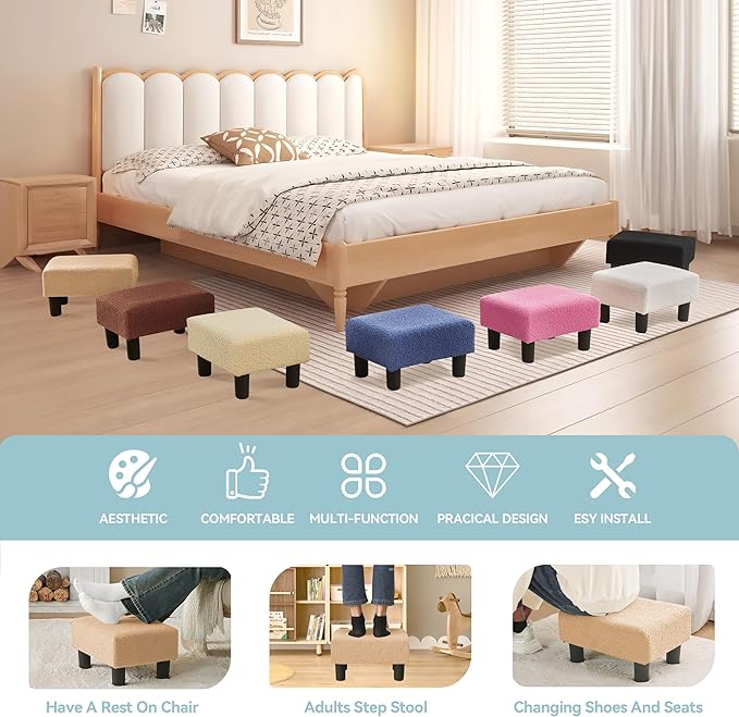 BRIAN & DANY Small Foot Stool Ottoman, Footstool with Legs, Teddy Velvet Foot Rest for Living Room, Bedroom and Office, Champagne Color