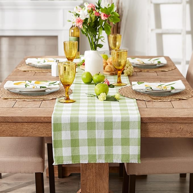 DII Heavyweight Fringed Check Tabletop Collection, Table Runner, 14x108, Bright Green