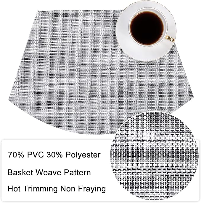 SHACOS Wedge Placemats Set of 4 Small Round Table Placemats Woven Vinyl Place Mats Non Slip Round Table Mats Wipe Clean, Gray White