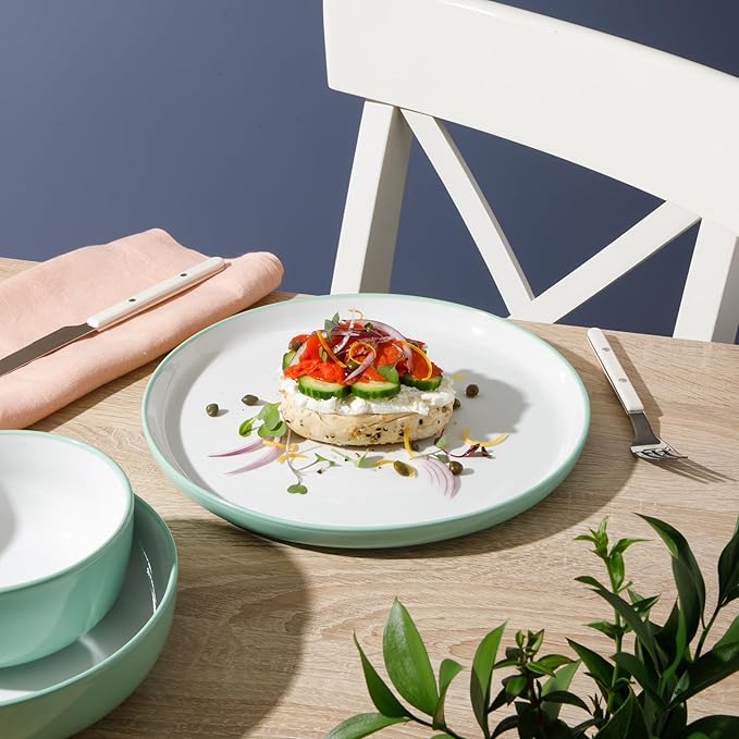 Sur La Table Kitchen Essentials 16 Piece Two-Tone Porcelain Chip and Scratch Resistant Dinnerware Plates and Bowls Set - Green/White