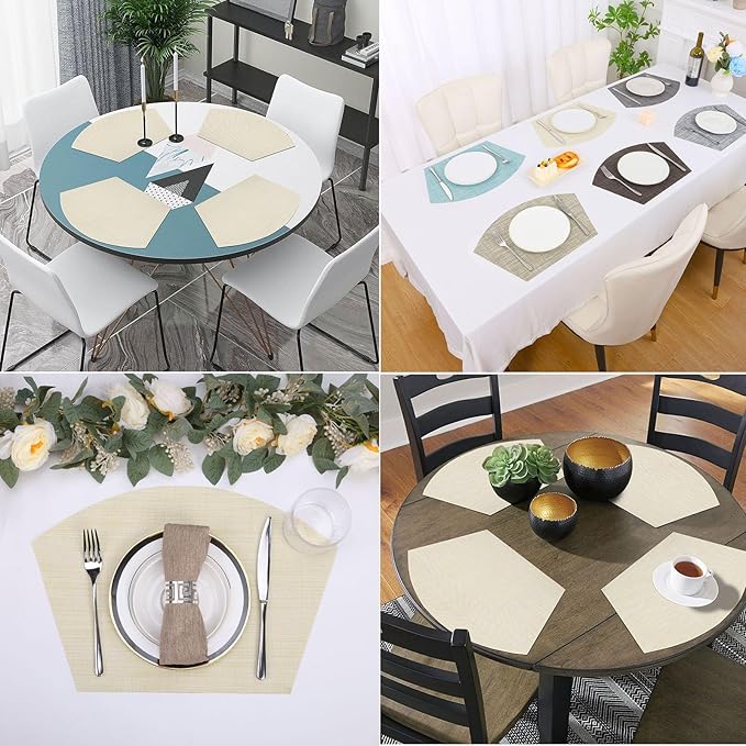 SHACOS Wedge Placemats Set of 4 Woven Vinyl Small Round Table Placemats Wipe Clean Table Mats for Round Dining Table Indoor Outdoor, Beige White