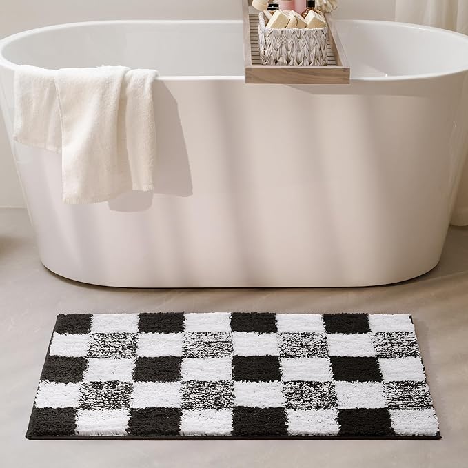 GRANNY SAYS Checkered Black Bathroom Rugs, 24" x 16", Non-Slip Bath Mats for Bathroom, Plush Shag Absorbent Microfiber Ultra Soft Bath Mat, Cute Washable Rug for Tub, Shower, Bedroom