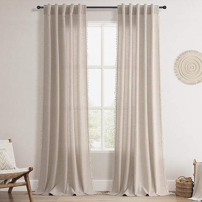 Apricot Boho Curtains 96 Inches Long 2 Pannels for Bedroom Linen Blend Textured Semi Sheer Light Filtering Pivacy Window Curtains Back Tab Rustic Farmhouse Curtain for Living Room 38x96