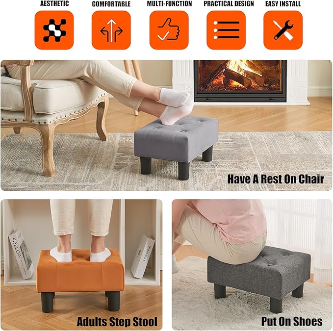 BRIAN & DANY Small Foot Stool, Velvet Foot Stools with Legs, Stable Small Footstool for Living Room, Grey