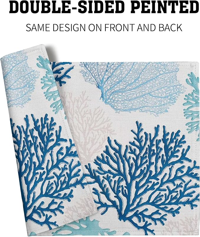 Giwawa Ocean Coral Placemats Set of 4 Summer Blue White Coral Reef Linen Table Place Mat Nautical Sea Marine Seaweed Heat-Resistant Place Mats for Dining Kitchen 12"x18"