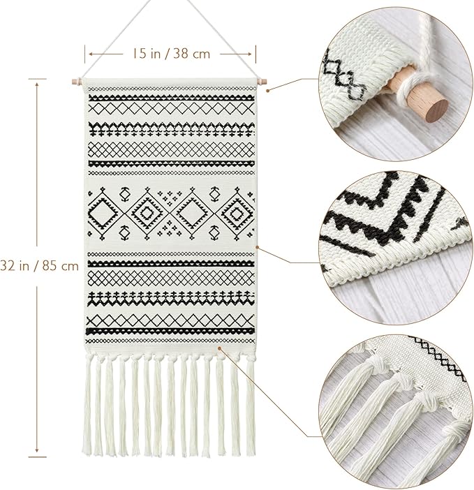 Dremisland Macrame Woven Wall Hanging Tapestry- Boho Chic Bohemian Home Decor Geometric Art Decor Boho Backdrop - Beautiful Apartment Dorm Room Door Decoration, 17.7" W x 32" L (Sendia-Black)
