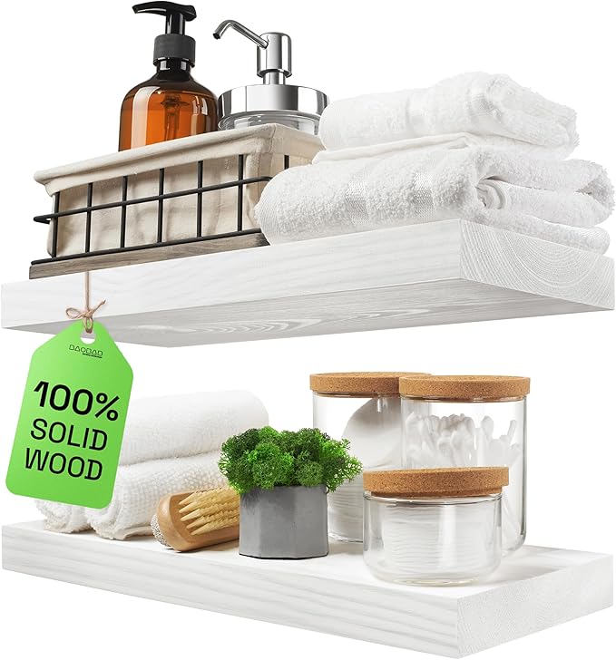 BAOBAB WORKSHOP Wood Floating Shelves for Wall White - Bathroom Floating Shelves White - Small Wall Mounted Shelf White for Bedroom Kitchen Living Room - 16D x 6.7W Inch, Set of 2
