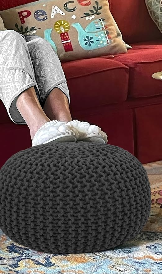 COTTON CRAFT Round Pouf - Hand Knitted Cotton Braid Cord Cable Dori Ottoman - Foot Stool - Floor Pouf Footrest Accent Seat Furniture Bean Bag - Living Room Kids Room Nursery Dorm Décor - 20x14 - Grey