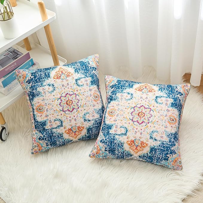 Boho Throw Pillow Covers 16x16 inch Set of 2,Boho Vintage Carpet Pattern Antique Ethnic Decor Double Sided Pattern Cushion Cover Soft Pillow Case Living Sofa Room Bed Square Pillow Cover