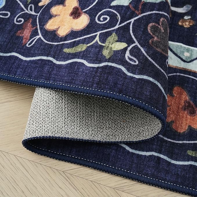 Runner Rug for Kitchen Non Slip 2'6''x8' Washable Rugs with Rubber Backing Soft Floral Animal Cat Carpet Runner for Kitchen Laundry Bedroom Bathroom, Cobalt Blue