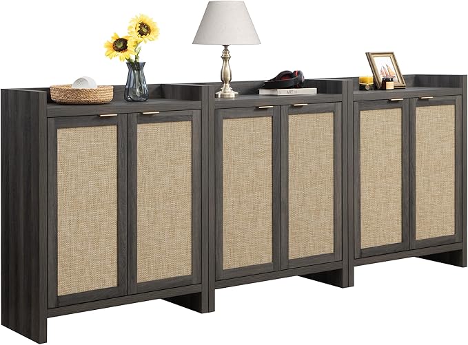 SICOTAS Shoe Storage Cabinet Set of 3, Large Capacity Rattan Shoe Cabinet Storage for Entryway, 6-Tier 41" Tall Shoe Cabinet, Farmhouse Wooden Storage Cabinet for Living Room Hallway, Black Oak