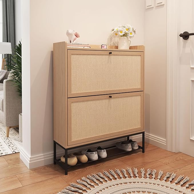 AVZEAR Narrow Shoe Storage Cabinet for Entryway with 2 Flip Drawers, Freestanding Shoe Cabinet with Natural Linen Panel, Slim Wood Shoe Organizer Closed Shoe Rack for Hallway, Foyer(Natural)
