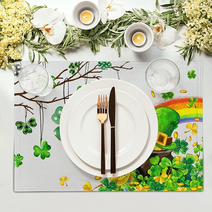 Giwawa St Patricks Day Placemats Set of 4-12"x18" Lucky Clover Tree Elf Hat Place Mat- Spring Shamrock Rainbow Colorful Linen Washable Table Mats for Kitchen Dining Holiday Party Tabletop Decor