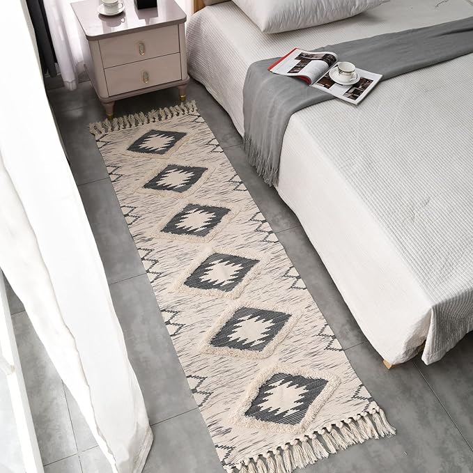 Boho Runner Rug 2'x6', Washable Hallway Rug Runner Non Slip Rubber Backed, Kitchen Farmhouse Area Rug Floor Mat with Tassels, Tufted Woven Cotton Entryway Carpet, Grey