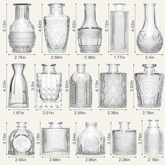 Arme 16Pcs Glass Bud Vase Set,Small Flower Vase for Centerpieces,Clear Bud Vases in Bulk, Mini Vintage Vase for Rustic Wedding Decorations