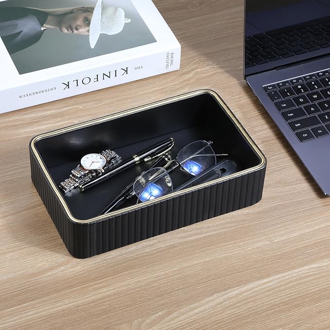 Desk Organizer Tray, PU Leather Valet Tray Nightstand Organizer Cologne Perfume Tray for Men Women, Decorative Vanity Tray Key Bowl Trinket Dish Bathroom Bedroom Accessories (Black)