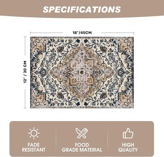 Artoid Mode Gray Boho Bohemian Vintage Placemats Set of 4, 12x18 Inch Plastic Woven Washable Non-Slip PVC Place Mats for Party Kitchen Dining Decor